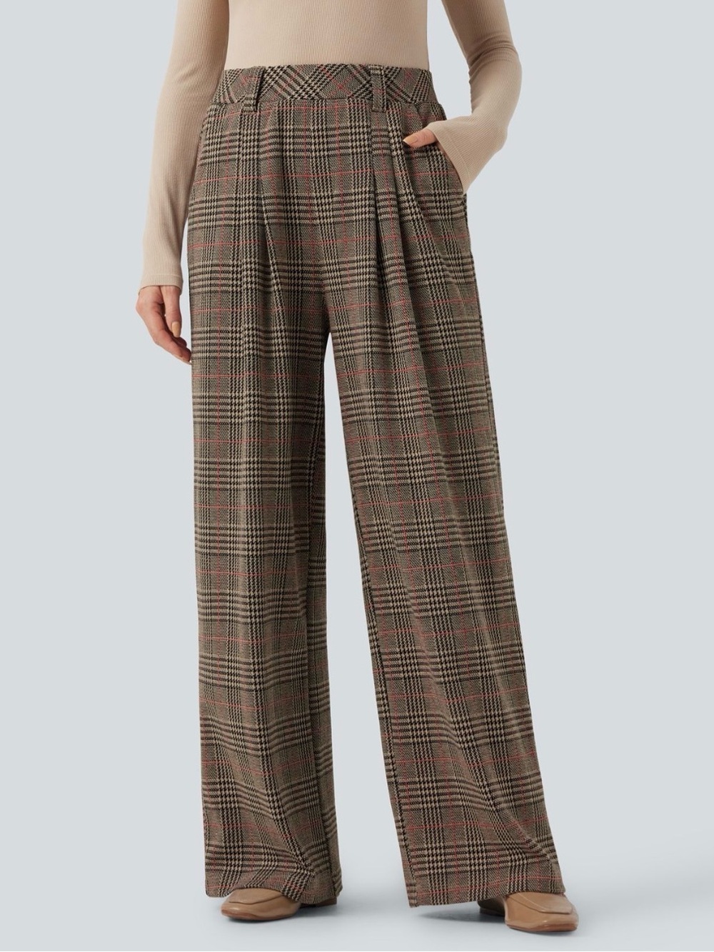 NWT Halara Plaid Wide Leg Pants M Brown Glen Check Stretch Trouser